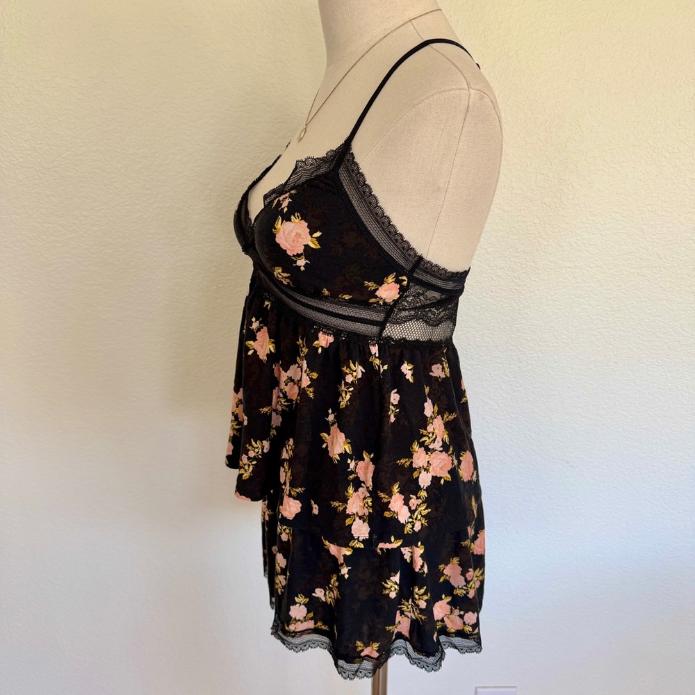 🌹 VS Black Pink Roses Floral Print Heavenly Supersoft Modal Lace Cami Short Set - Picture 7 of 12